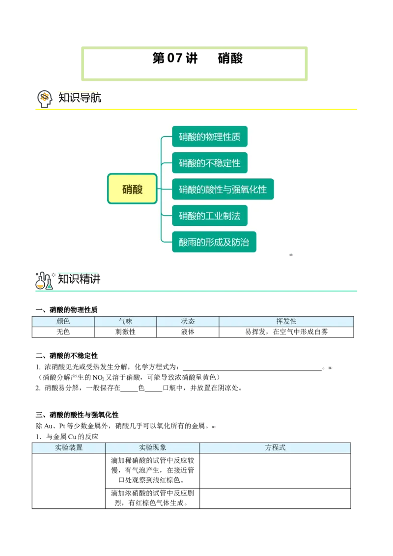 第07讲硝酸（学生版）-2021-2022学年高一化学必修第二册同步精品讲义（人教版2019）_高化_595801221724高中化学新人教版选择性必修一二三电子版教案PPT课件高中试卷_必修二册（人教版）_讲义