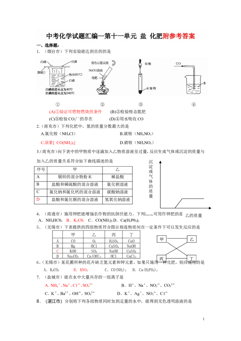 中考化学试题汇编--第十一单元_盐_化肥_初中化学_01.人教版初中化学_01.初中化学课件PPT--教案--试题_初中化学&mdash;课件&mdash;教案&mdash;试题-推荐_9年级下课件教案试题_9年级下试题_第11单元