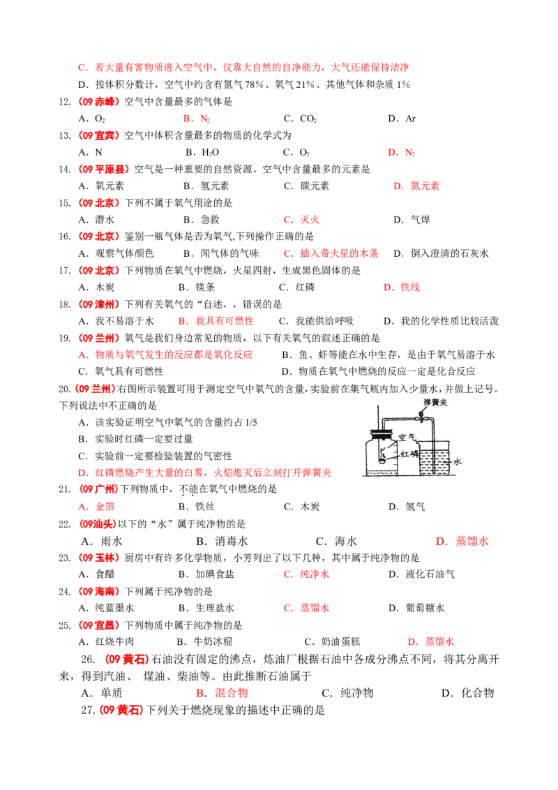 2007-2011五年全国各地中考化学试题分类汇编第二单元我们周围的空气_初中化学_01.人教版初中化学_01.初中化学课件PPT--教案--试题_初中化学全套_化学试题