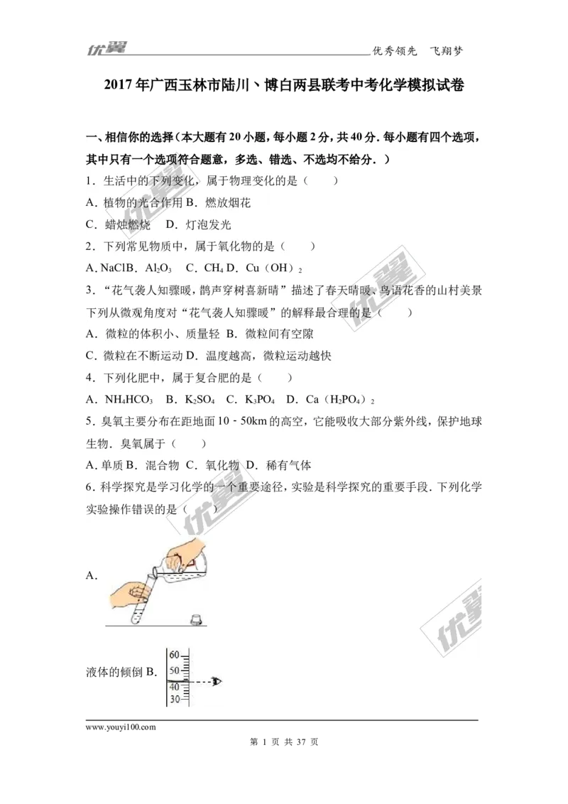 2017年广西玉林市陆川丶博白两县联考中考化学模拟试卷（解析版）_初中化学_01.人教版初中化学_01.初中化学课件PPT--教案--试题_初中化学全套(课件--教案--配套)_18年初中化学9年级下