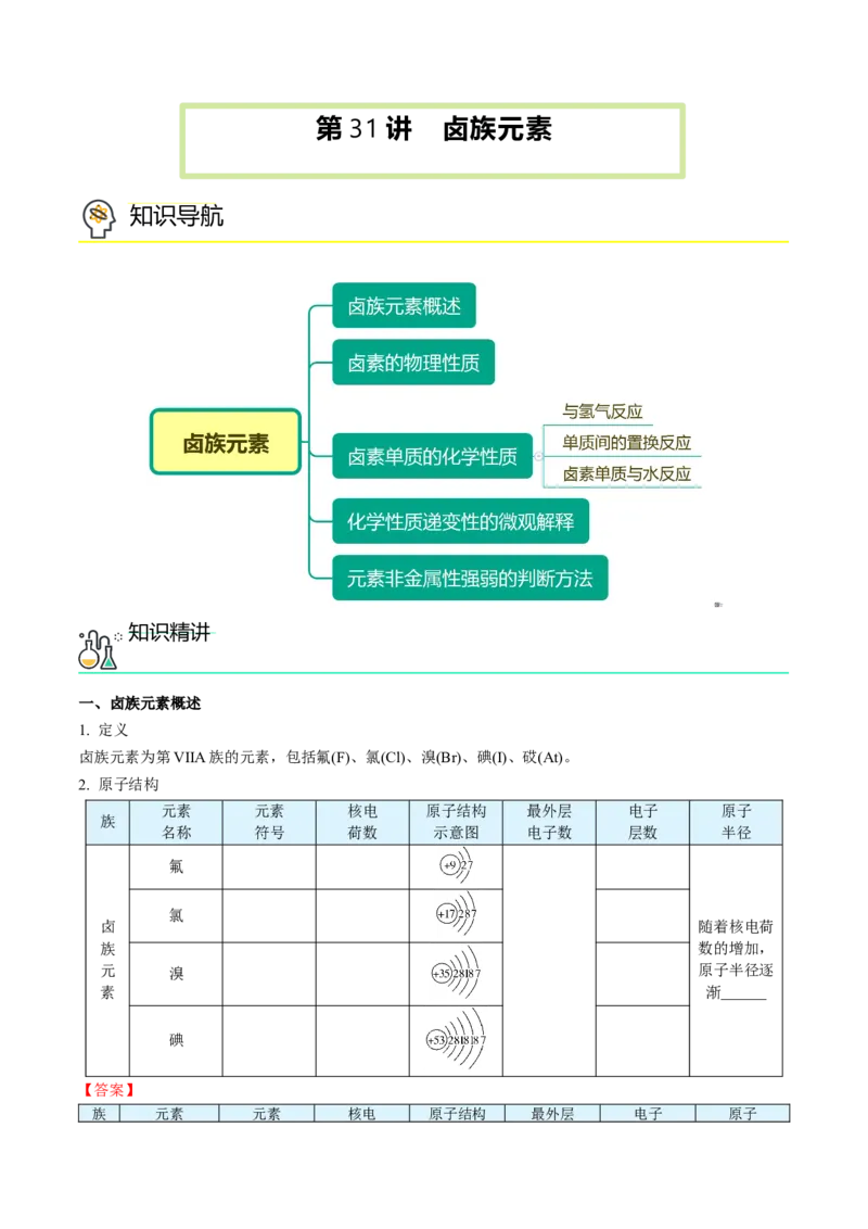 第31讲卤族元素（教师版）-（人教版2019）_高化_595801221724高中化学新人教版选择性必修一二三电子版教案PPT课件高中试卷_必修一册（人教版）_讲义