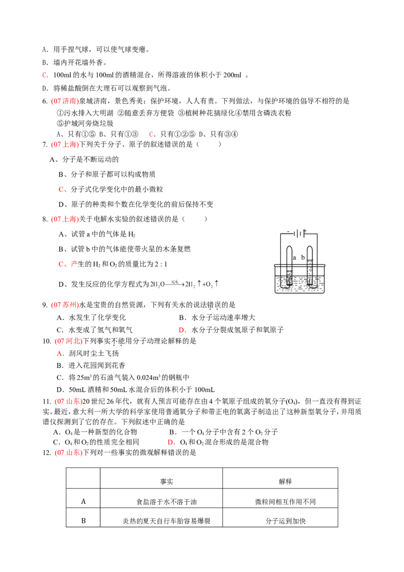 2007-2011五年全国各地中考化学试题分类汇编第三单元自然界的水_初中化学_01.人教版初中化学_01.初中化学课件PPT--教案--试题_初中化学全套_化学试题