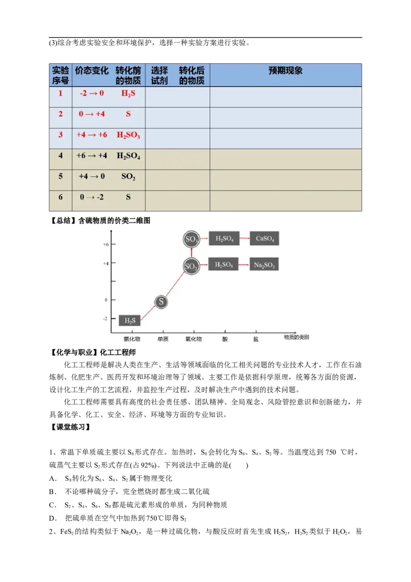 新教材精创5.1.3硫酸根离子的检验不同价态含硫物质的转化教学设计（1）-人教版高中化学必修第二册_高化_2025春-人教版高中化学_02新版高中化学必修二_教案