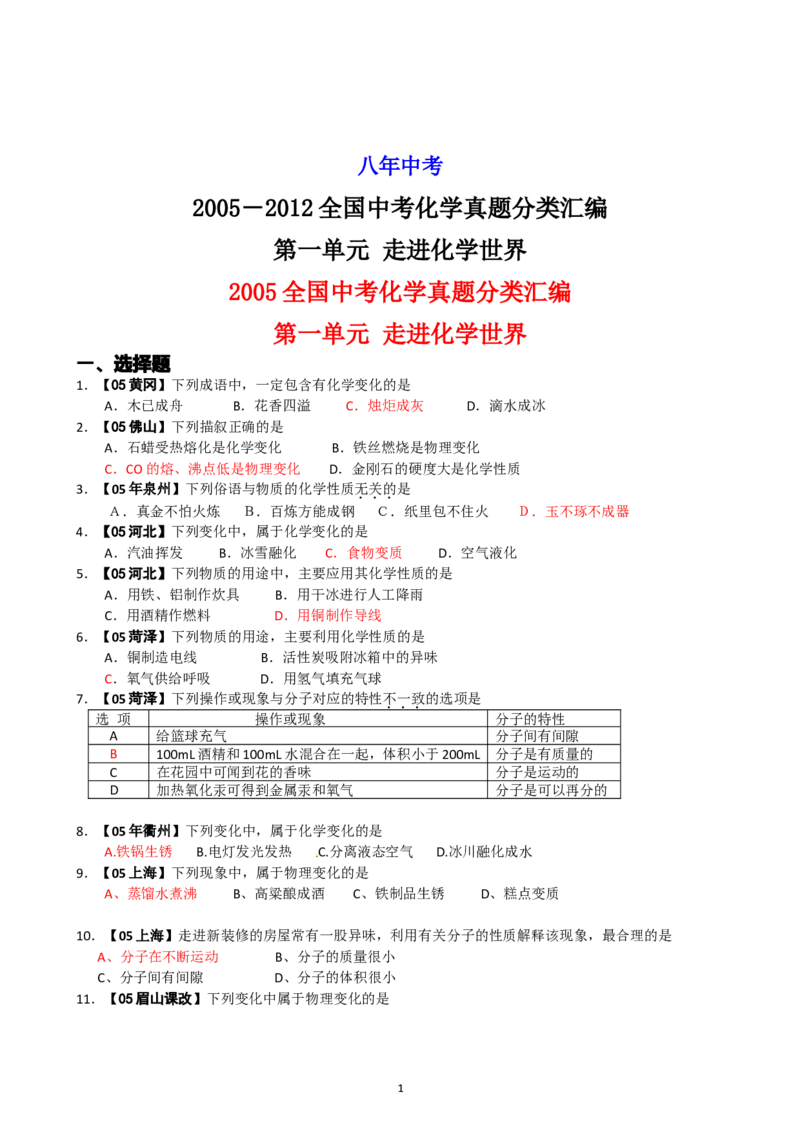 8年中考（2005-2012）全国各地中考化学真题分类汇编第1单元走进化学世界_初中化学_01.人教版初中化学_01.初中化学课件PPT--教案--试题_初中化学全套_化学试题