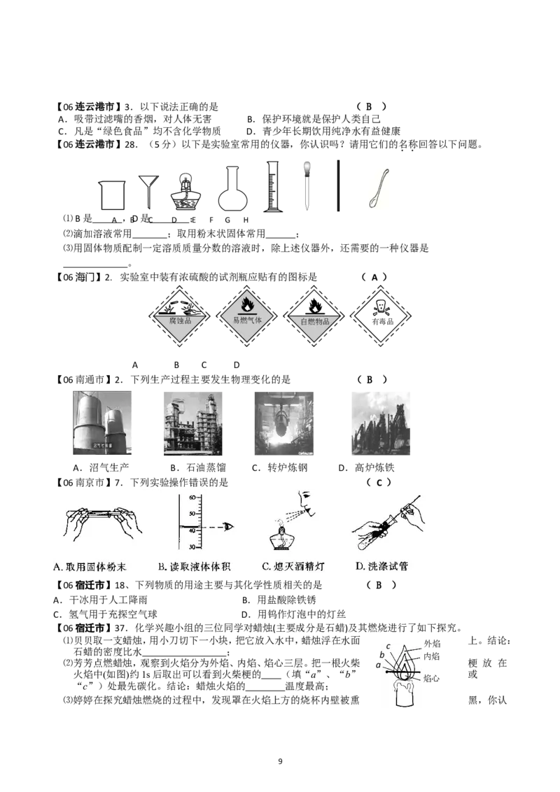 8年中考（2005-2012）全国各地中考化学真题分类汇编第1单元走进化学世界_初中化学_01.人教版初中化学_01.初中化学课件PPT--教案--试题_初中化学全套_化学试题