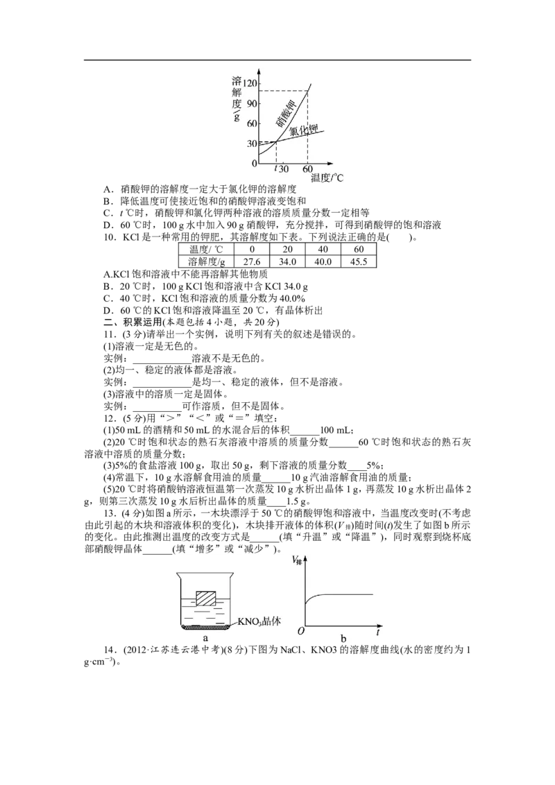 人教版九年级化学下册单元检测：第九单元+溶液（含答案）_初中化学_01.人教版初中化学_01.初中化学课件PPT--教案--试题_初中化学18年试卷_人教版九年级化学下册2018