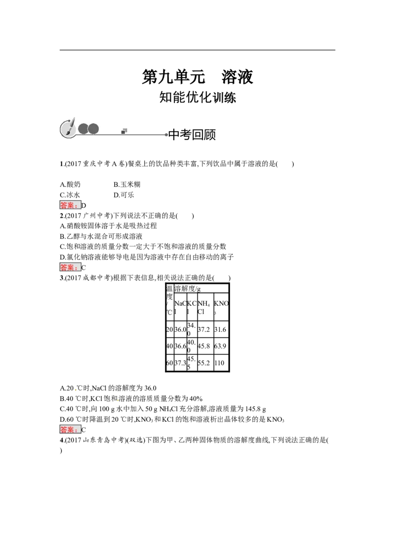 2018届中考化学（人教版）总复习单元特训：第九单元　溶液-化学备课大师_初中化学_01.人教版初中化学_07.初中化学中考总复习