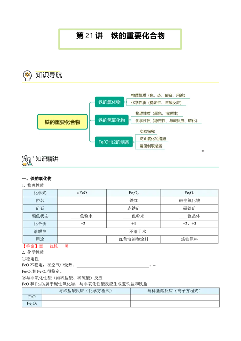 第21讲铁的重要化合物（教师版）-（人教版2019）_高化_595801221724高中化学新人教版选择性必修一二三电子版教案PPT课件高中试卷_必修一册（人教版）_讲义