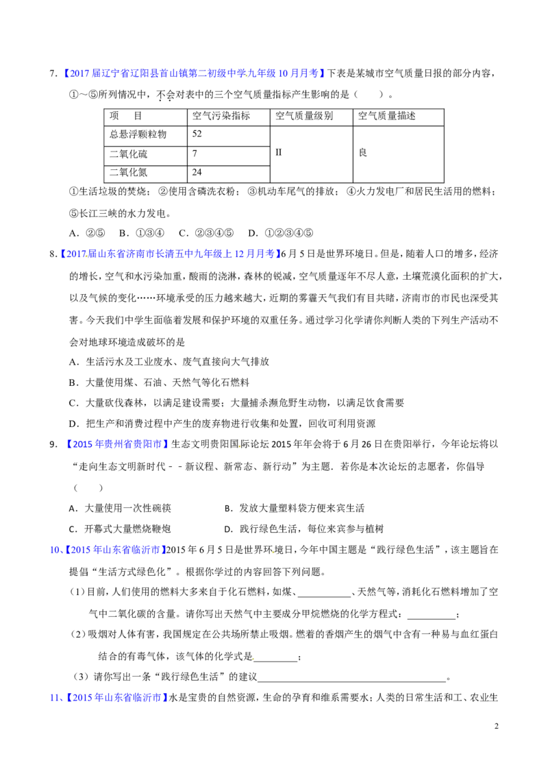 专题17化学与环保（测）-备战2017年中考化学二轮复习讲练测（原卷版）_初中化学_01.人教版初中化学_07.初中化学中考总复习_备战2017年中考化学二轮复习讲练测（测）全套打包
