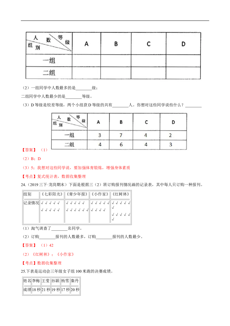 精品第七单元《数据的整理与表示》期末备考讲义&mdash;三年级下册数学单元闯关（思维导图＋知识点精讲＋优选题训练）（解析版）北师大版_26春北师大版数学二下_19、赠送其它资料_旧版