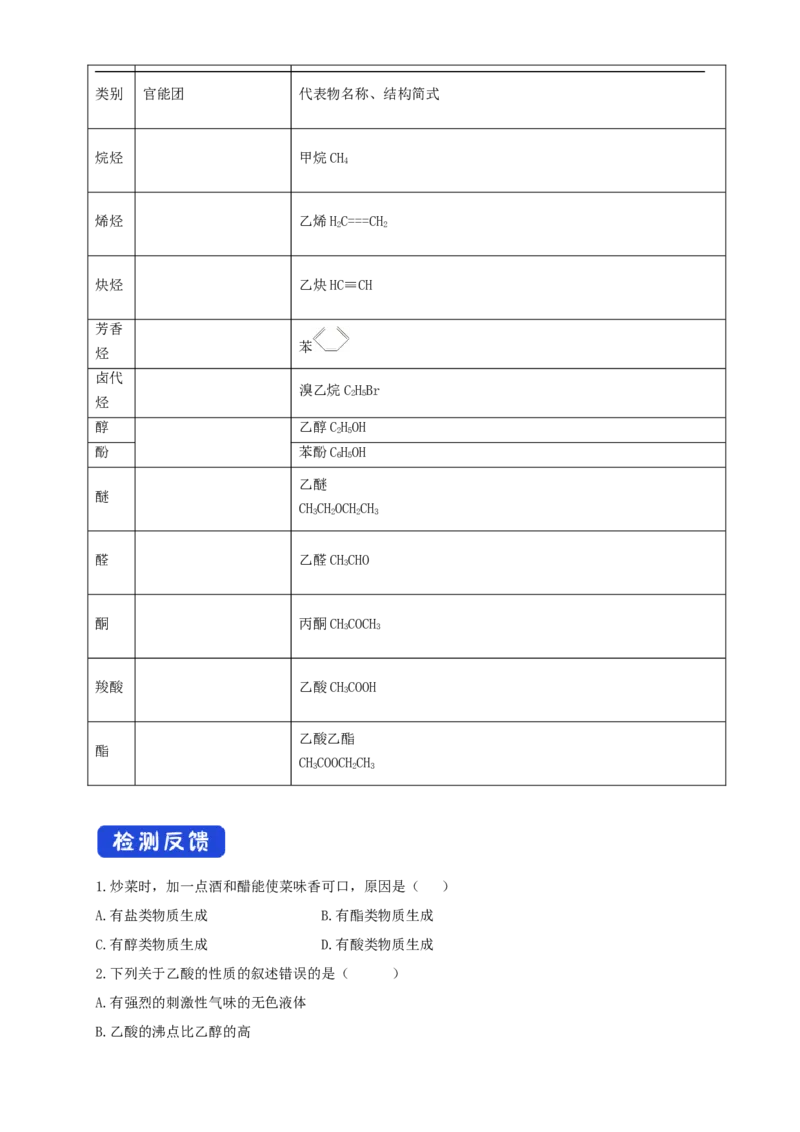 新教材精创7.3.2乙酸官能团与有机化合物的分类学案（2）-人教版高中化学必修第二册_高化_2025春-人教版高中化学_02新版高中化学必修二_2.课件+教案+学案+练习配套版_学案