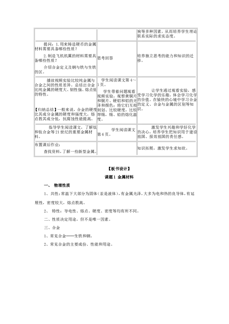九年级化学下册-第八单元课题1-金属材料教案-人教新课标版-(1)_初中化学_01.人教版初中化学_01.初中化学课件PPT--教案--试题_初中化学&mdash;课件&mdash;教案&mdash;试题-推荐_9年级下课件教案试题