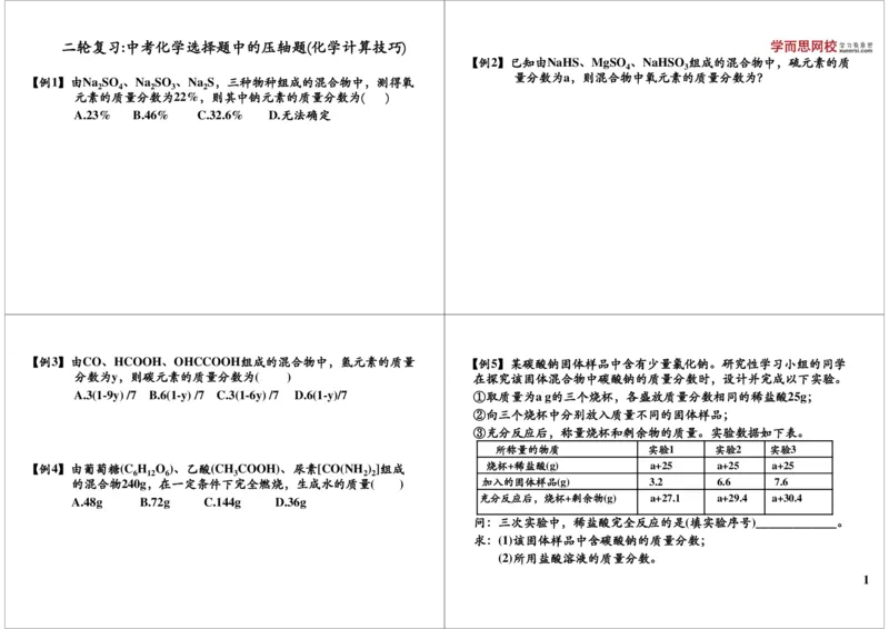 二轮复习中考化学选择题中的压轴题(化学计算技巧)_初中化学_01.人教版初中化学_02.初中化学教学视频_2.初中化学--教学视频--带讲义_初三化学中考总复习（通用版）