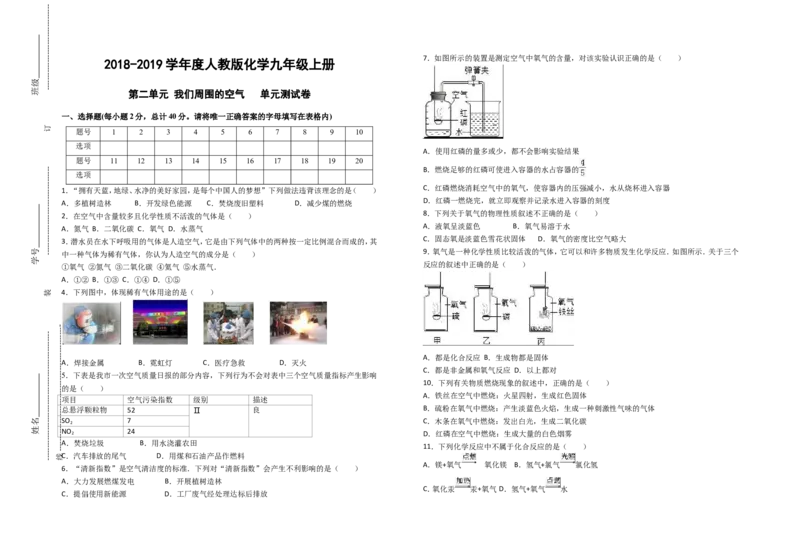 2018-2019人教版化学九年级上册第二单元我们周围的空气单元测试卷（有答案）_初中化学_01.人教版初中化学_01.初中化学课件PPT--教案--试题_初中化学18年试卷