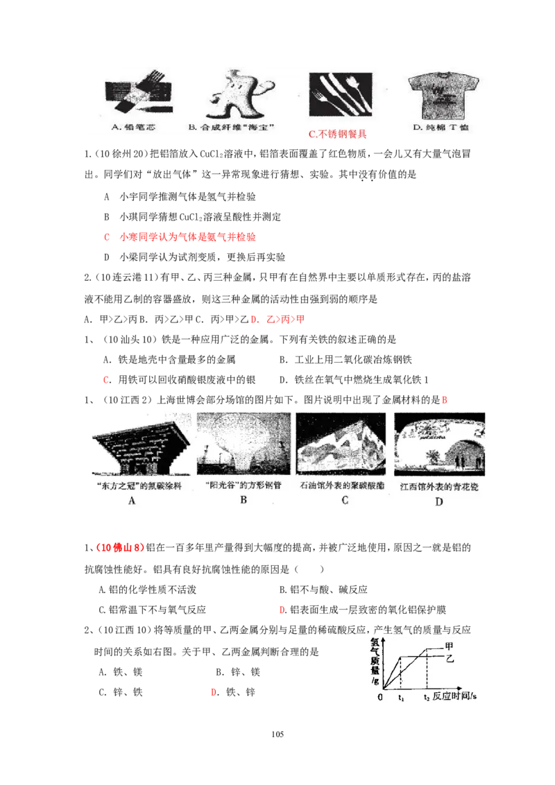 8年中考（2005-2012）全国各地中考化学真题分类汇编第8单元金属及金属材料_初中化学_01.人教版初中化学_01.初中化学课件PPT--教案--试题_初中化学全套_化学试题