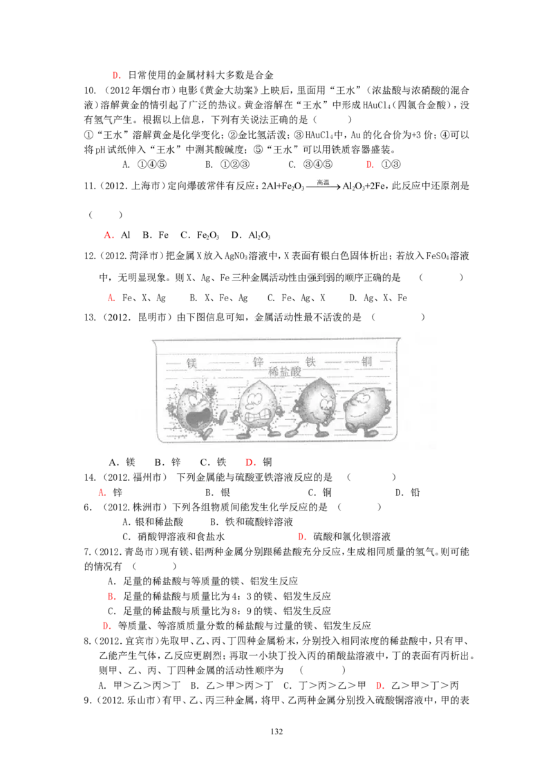 8年中考（2005-2012）全国各地中考化学真题分类汇编第8单元金属及金属材料_初中化学_01.人教版初中化学_01.初中化学课件PPT--教案--试题_初中化学全套_化学试题