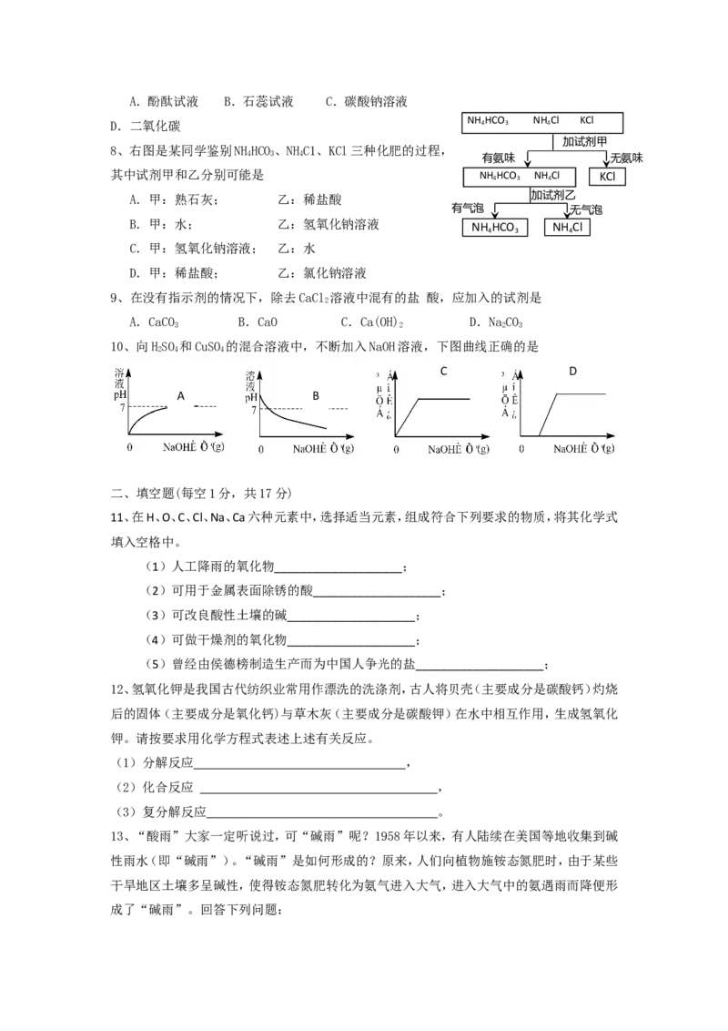 九年级化学单元检测试卷（11）盐化肥_初中化学_01.人教版初中化学_01.初中化学课件PPT--教案--试题_初中化学18年试卷_人教版九年级化学下册2018