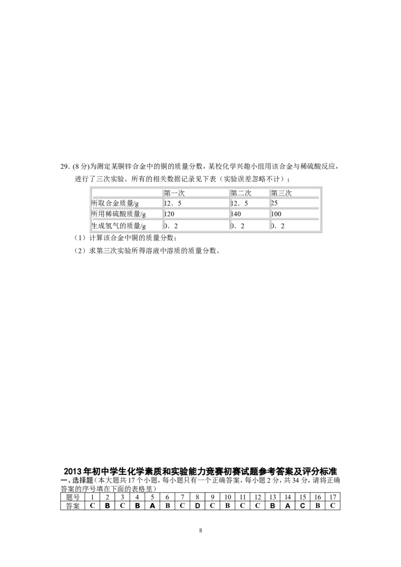 2013年初中学生化学素质和实验能力竞赛(湖南省）初赛试题及答案（word版）_初中化学_01.人教版初中化学_01.初中化学课件PPT--教案--试题_初中化学全套_化学试题