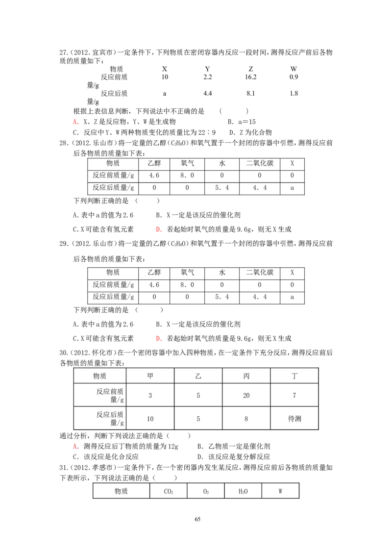 8年中考（2005-2012）全国各地中考化学真题分类汇编第5单元化学方程式_初中化学_01.人教版初中化学_01.初中化学课件PPT--教案--试题_初中化学全套_化学试题