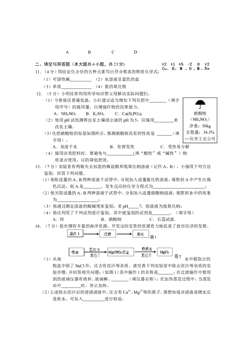 人教版九年级下《盐+化肥》单元检测试卷_初中化学_01.人教版初中化学_01.初中化学课件PPT--教案--试题_初中化学18年试卷_人教版九年级化学下册2018
