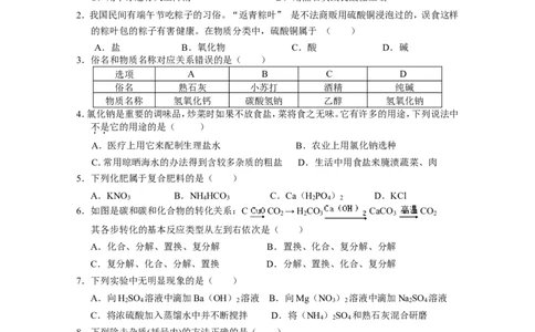 人教版九年级下《盐+化肥》单元检测试卷_初中化学_01.人教版初中化学_01.初中化学课件PPT--教案--试题_初中化学18年试卷_人教版九年级化学下册2018