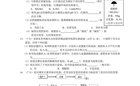 人教版九年级下《盐+化肥》单元检测试卷_初中化学_01.人教版初中化学_01.初中化学课件PPT--教案--试题_初中化学18年试卷_人教版九年级化学下册2018