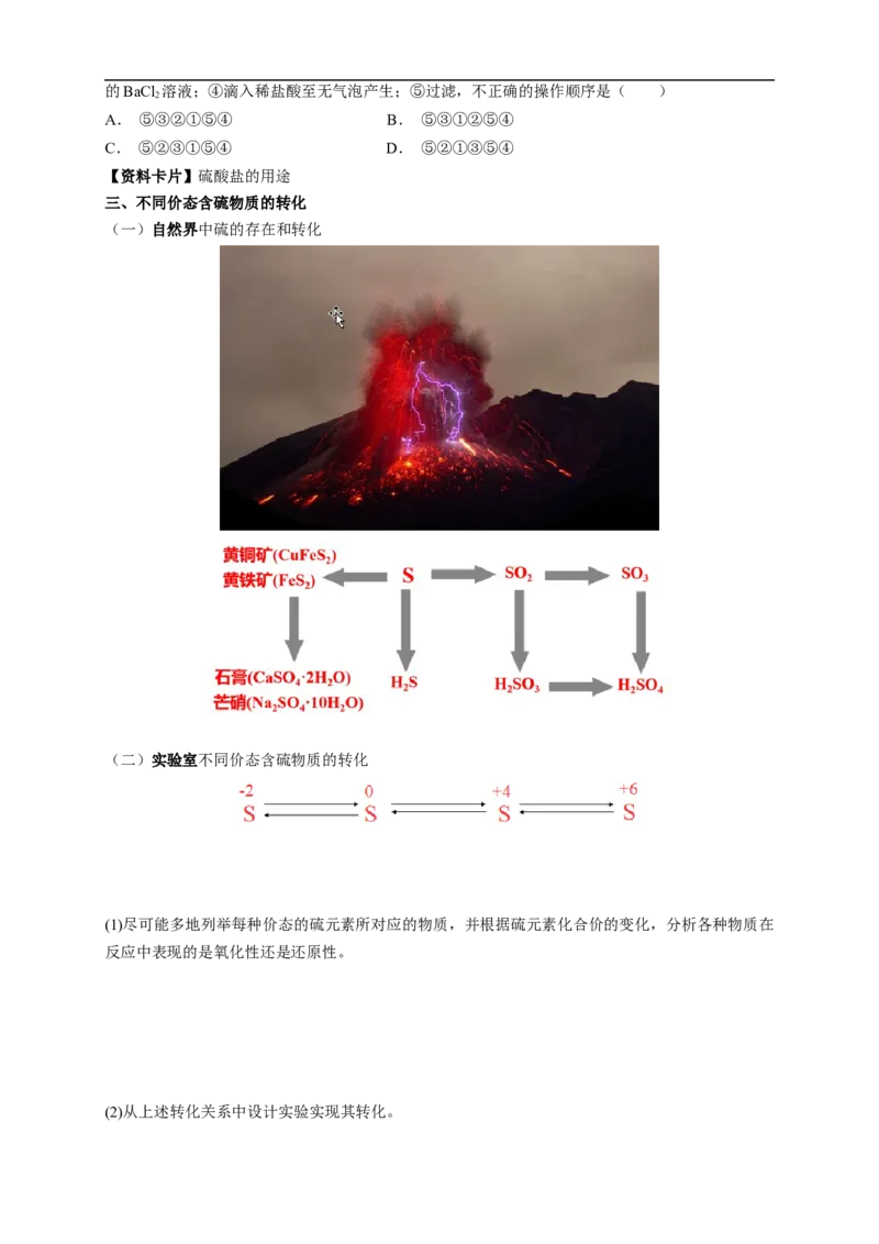 新教材精创5.1.3硫酸根离子的检验不同价态含硫物质的转化学案（1）-人教版高中化学必修第二册_高化_2025春-人教版高中化学_02新版高中化学必修二_学案
