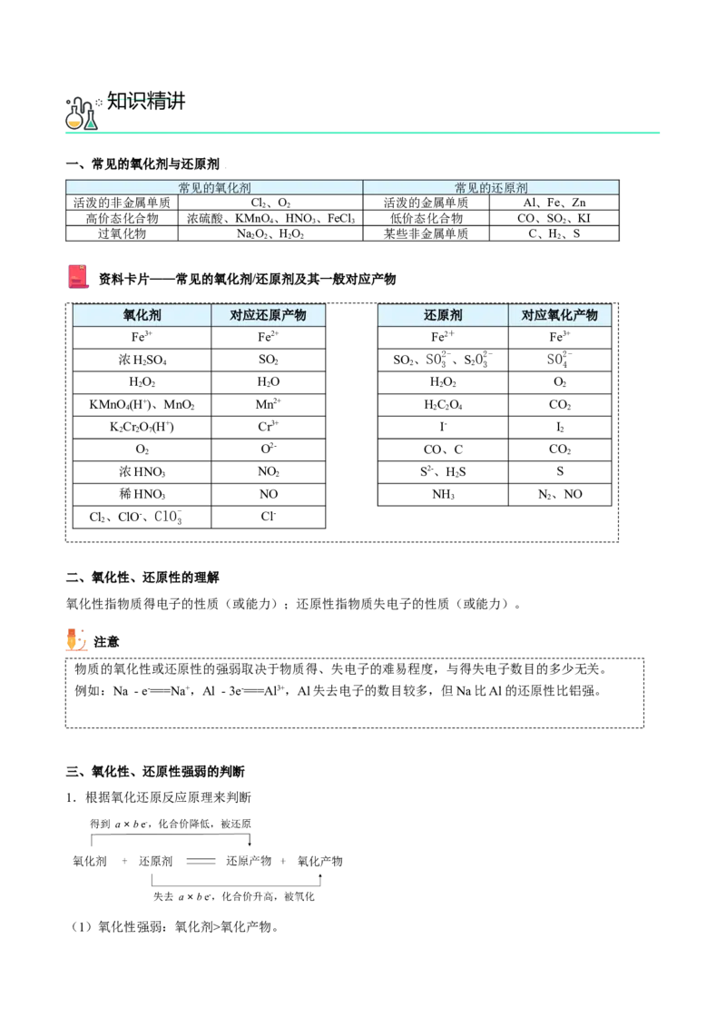 第07讲常见的氧化剂与还原剂、氧化还原规律（教师版）（人教版2019）_高化_595801221724高中化学新人教版选择性必修一二三电子版教案PPT课件高中试卷_必修一册（人教版）_讲义