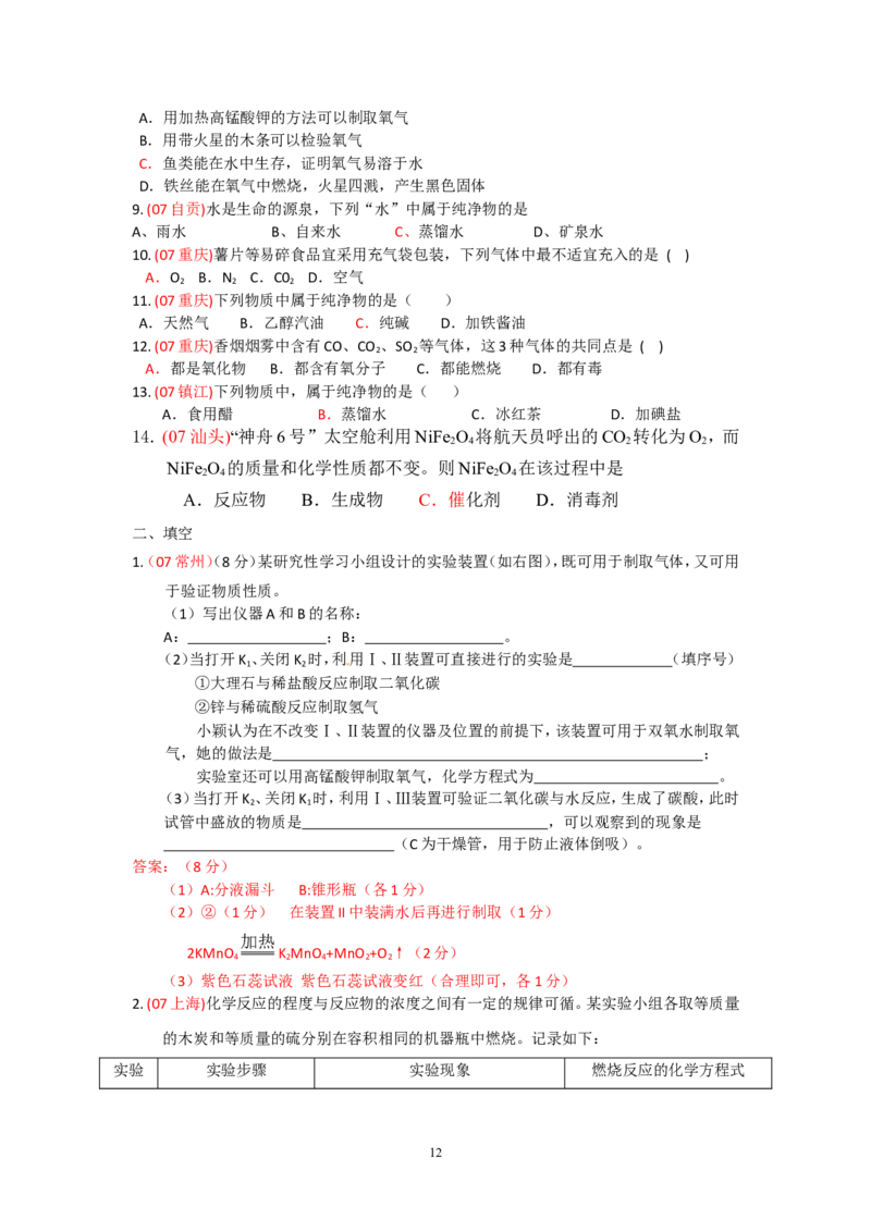 8年中考（2005-2012）全国各地中考化学真题分类汇编第2单元我们周围的空气_初中化学_01.人教版初中化学_01.初中化学课件PPT--教案--试题_初中化学全套_化学试题