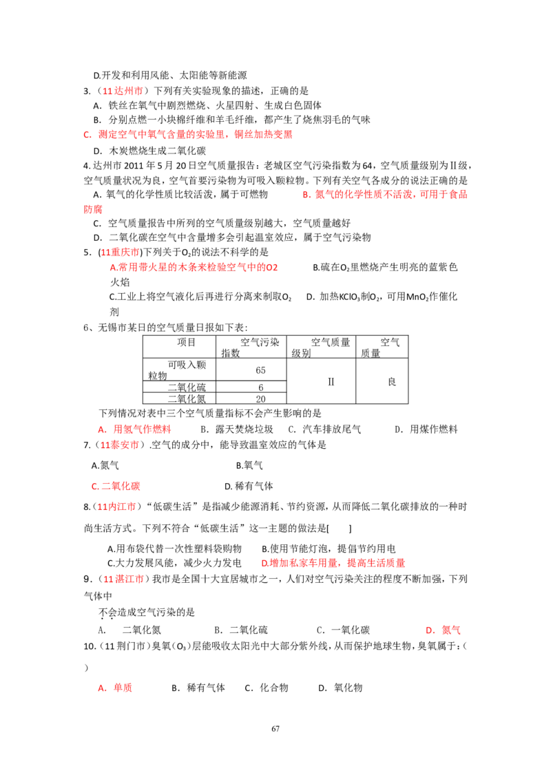 8年中考（2005-2012）全国各地中考化学真题分类汇编第2单元我们周围的空气_初中化学_01.人教版初中化学_01.初中化学课件PPT--教案--试题_初中化学全套_化学试题