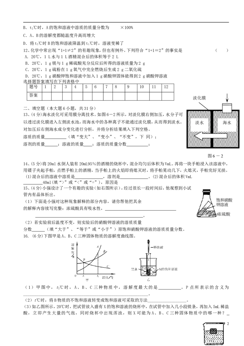 九年级化学下册第9单元溶液单元综合测试题新人教版_初中化学_01.人教版初中化学_01.初中化学课件PPT--教案--试题_初中化学18年试卷_人教版九年级化学下册2018