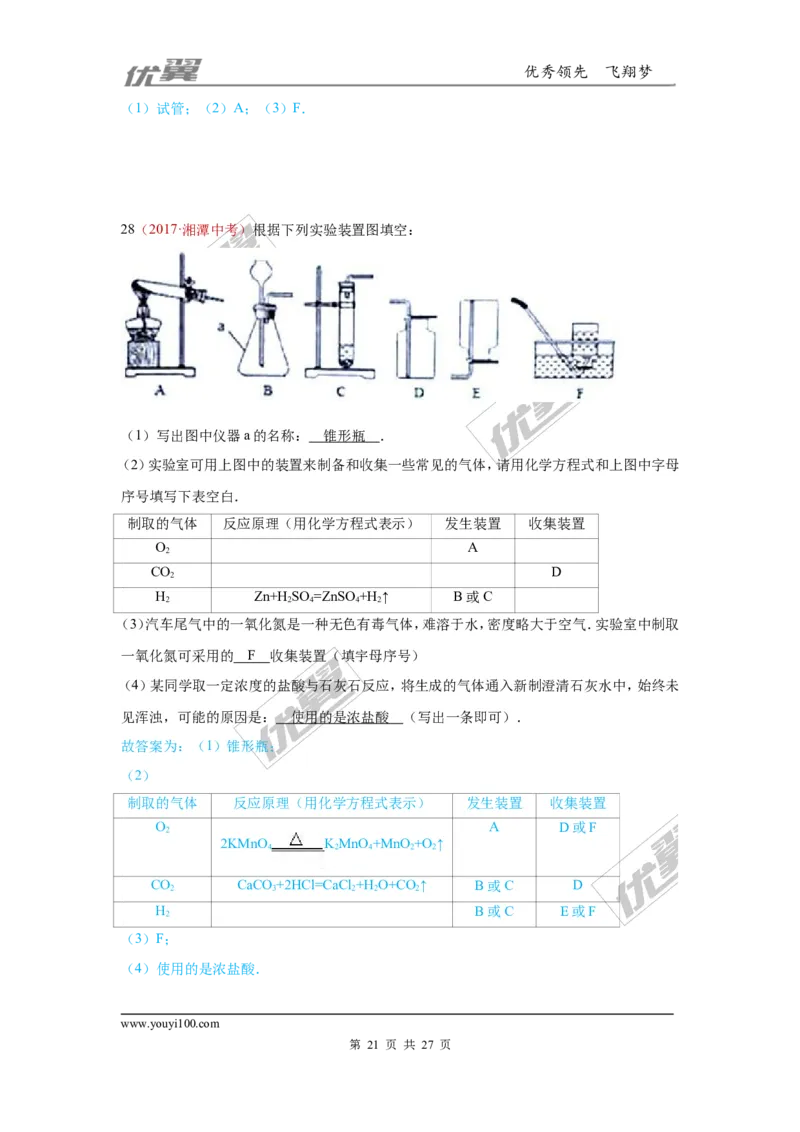 25.气体制取_初中化学_01.人教版初中化学_01.初中化学课件PPT--教案--试题_初中化学全套(课件--教案--配套)_18年初中化学9年级上_18秋九化上(RJ)--7.复习资料_4.真题汇编_2017真题汇编