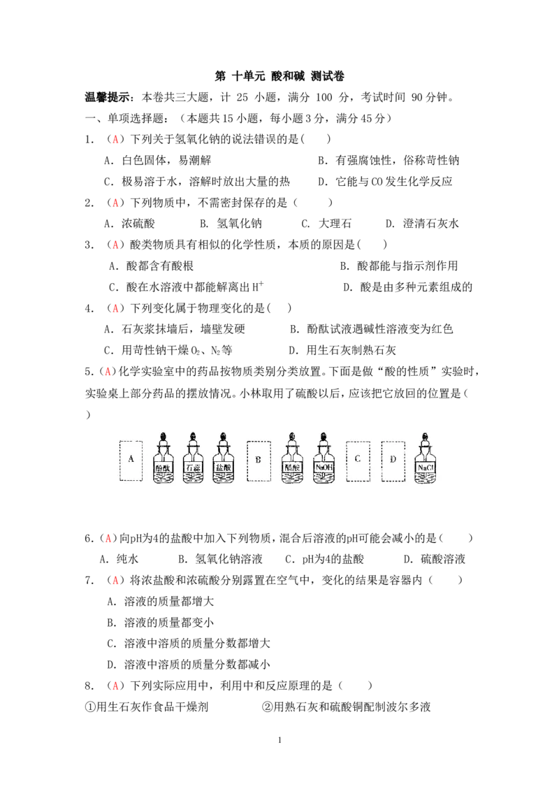 2013届九年级上学期同步检测化学试题第10单元酸和碱（解析版）_初中化学_01.人教版初中化学_01.初中化学课件PPT--教案--试题_初中化学全套_化学试题