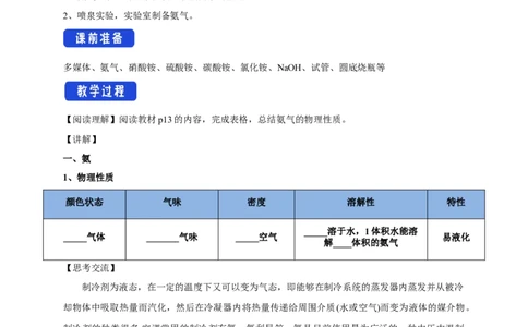 新教材精创5.2.2氨和铵盐教学设计（1）-人教版高中化学必修第二册_高化_2025春-人教版高中化学_02新版高中化学必修二_2.课件+教案+学案+练习配套版_教案