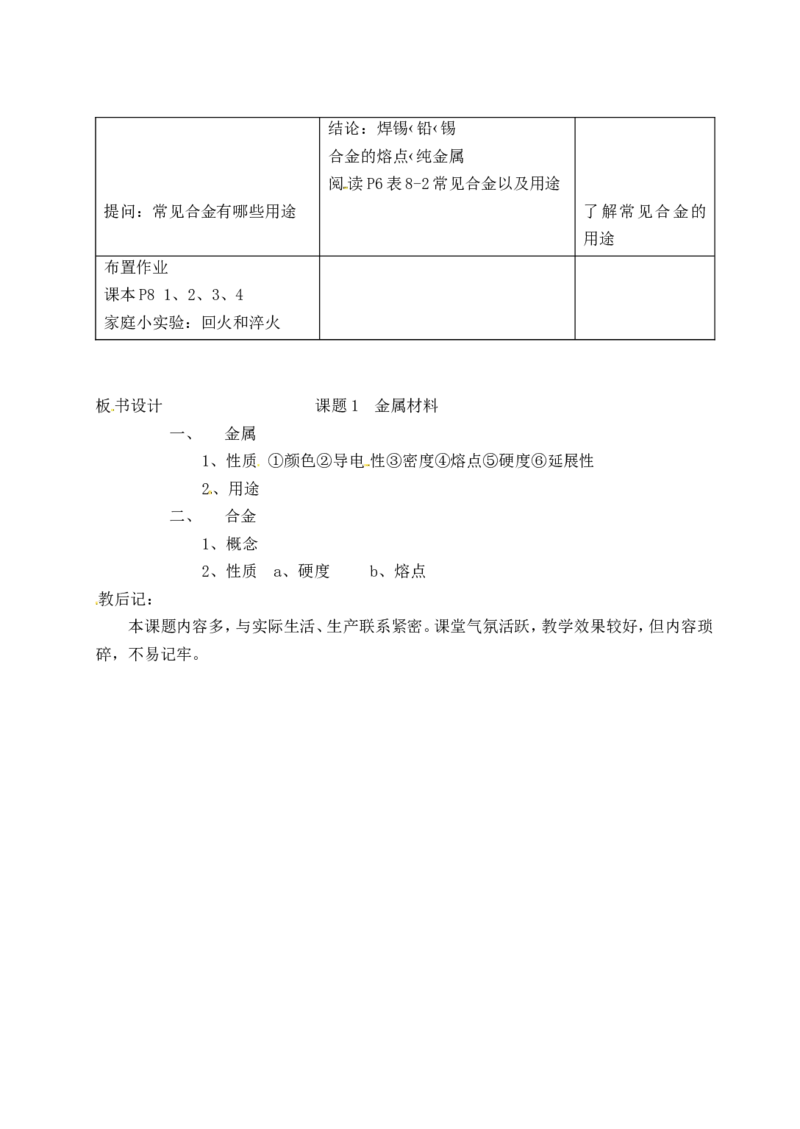 九年级化学下册-第八单元-金属和金属材料-课题1-金属材料教案2-新人教版_初中化学_01.人教版初中化学_01.初中化学课件PPT--教案--试题_初中化学&mdash;课件&mdash;教案&mdash;试题-推荐_第8单元