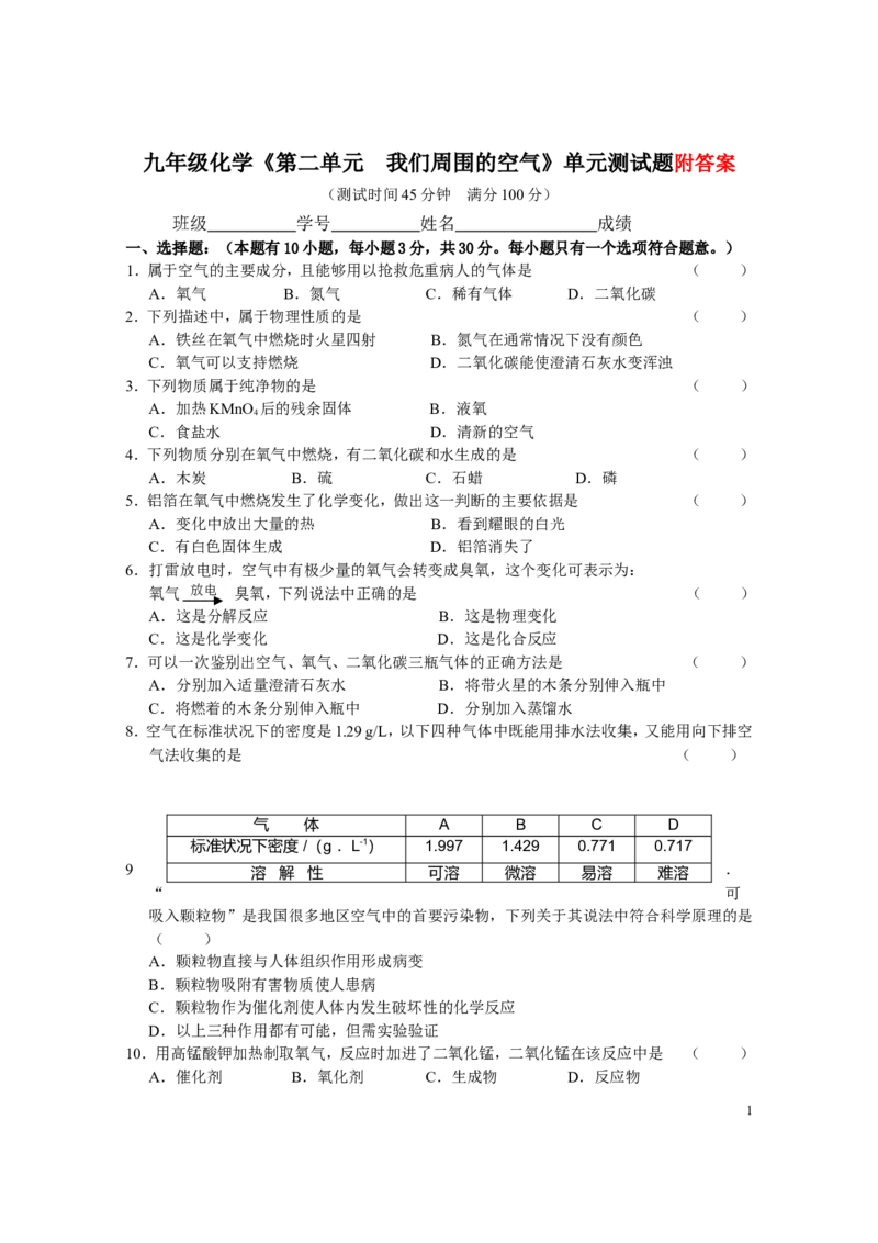 九年级化学《第二单元_我们周围的空气》单元测试题_初中化学_01.人教版初中化学_01.初中化学课件PPT--教案--试题_初中化学&mdash;课件&mdash;教案&mdash;试题-推荐_9年级上课件教案试题_第2单元