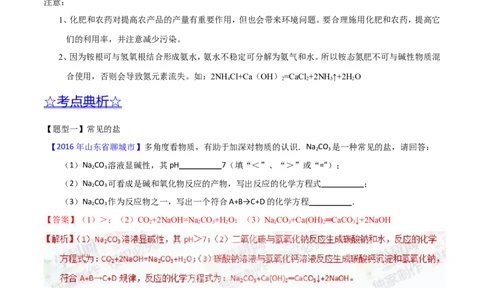 专题13盐及化学肥料（讲）-备战2017年中考化学二轮复习讲练测（解析版）_初中化学_01.人教版初中化学_07.初中化学中考总复习_备战2017年中考化学二轮复习讲练测（讲）