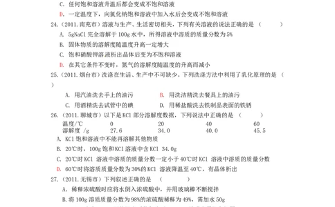 2007-2011五年全国各地中考化学试题分类汇编第九单元溶液_初中化学_01.人教版初中化学_01.初中化学课件PPT--教案--试题_初中化学全套_化学试题