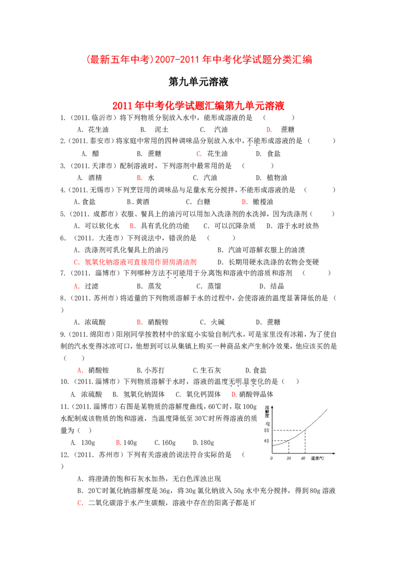 2007-2011五年全国各地中考化学试题分类汇编第九单元溶液_初中化学_01.人教版初中化学_01.初中化学课件PPT--教案--试题_初中化学全套_化学试题