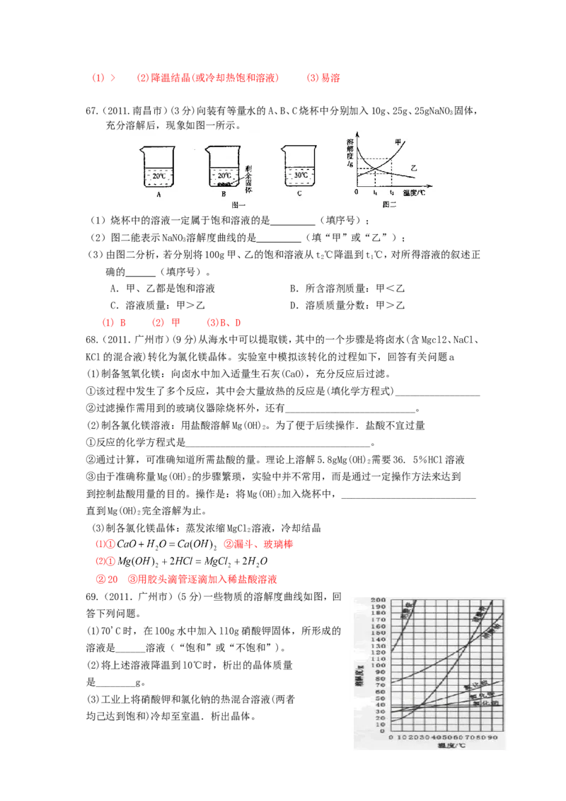 2007-2011五年全国各地中考化学试题分类汇编第九单元溶液_初中化学_01.人教版初中化学_01.初中化学课件PPT--教案--试题_初中化学全套_化学试题