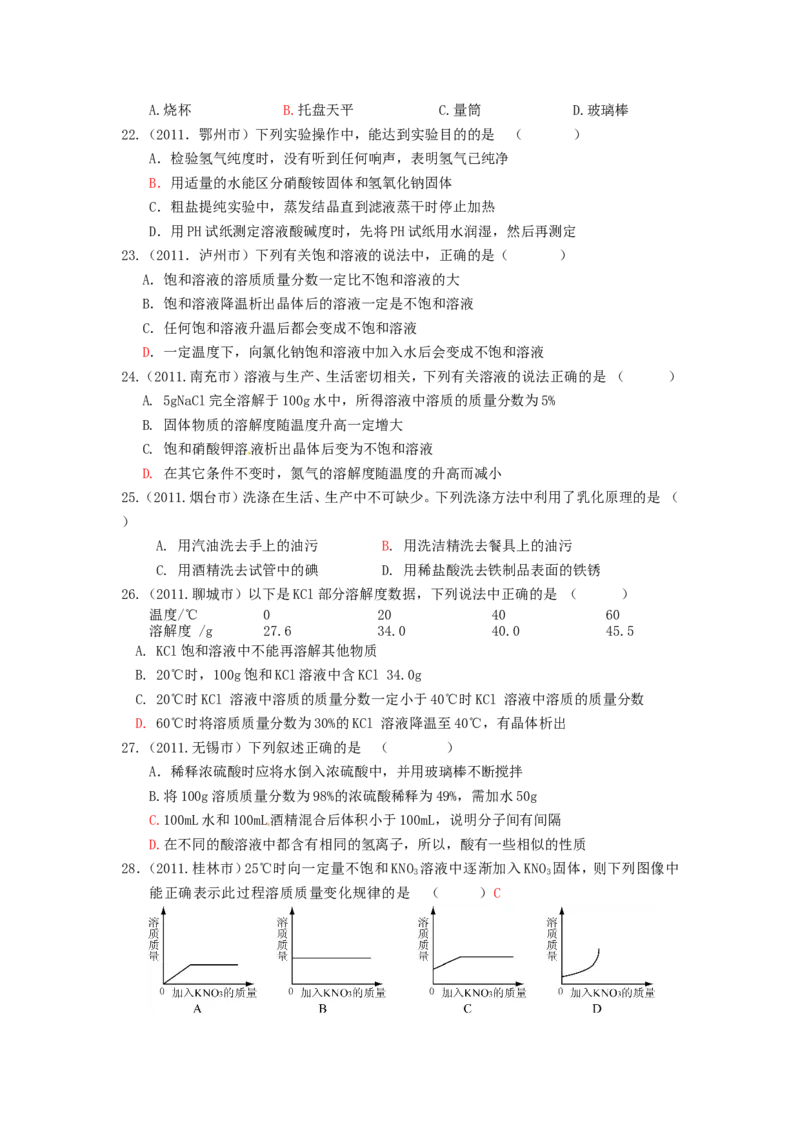 2007-2011五年全国各地中考化学试题分类汇编第九单元溶液_初中化学_01.人教版初中化学_01.初中化学课件PPT--教案--试题_初中化学全套_化学试题