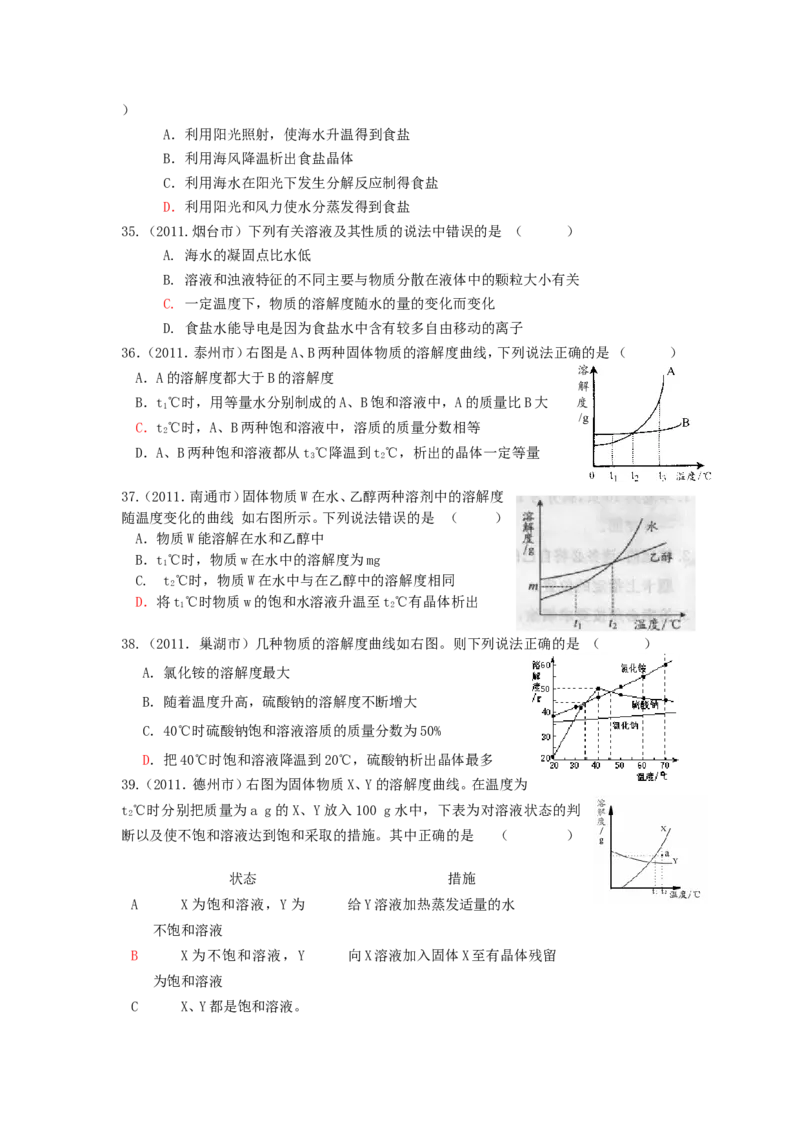 2007-2011五年全国各地中考化学试题分类汇编第九单元溶液_初中化学_01.人教版初中化学_01.初中化学课件PPT--教案--试题_初中化学全套_化学试题