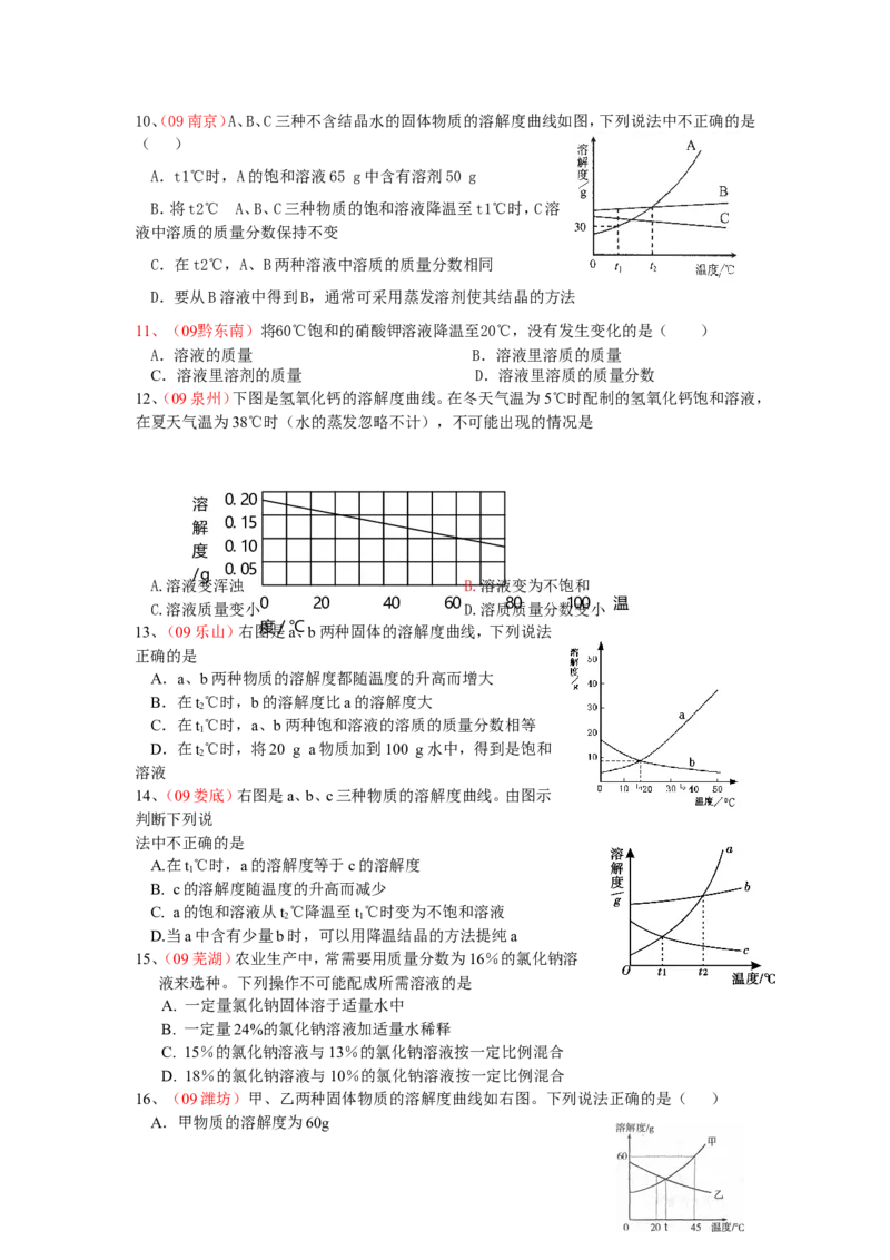 2007-2011五年全国各地中考化学试题分类汇编第九单元溶液_初中化学_01.人教版初中化学_01.初中化学课件PPT--教案--试题_初中化学全套_化学试题