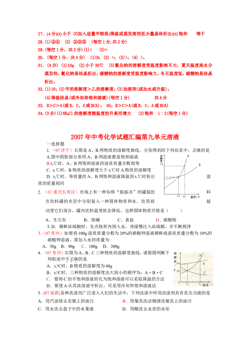 2007-2011五年全国各地中考化学试题分类汇编第九单元溶液_初中化学_01.人教版初中化学_01.初中化学课件PPT--教案--试题_初中化学全套_化学试题