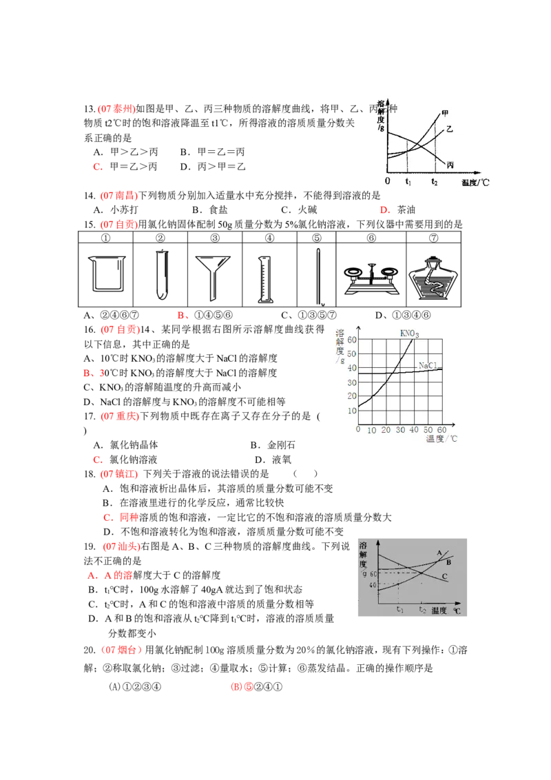 2007-2011五年全国各地中考化学试题分类汇编第九单元溶液_初中化学_01.人教版初中化学_01.初中化学课件PPT--教案--试题_初中化学全套_化学试题