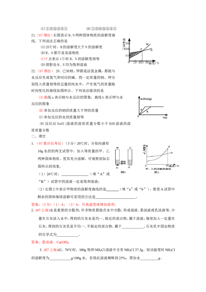 2007-2011五年全国各地中考化学试题分类汇编第九单元溶液_初中化学_01.人教版初中化学_01.初中化学课件PPT--教案--试题_初中化学全套_化学试题