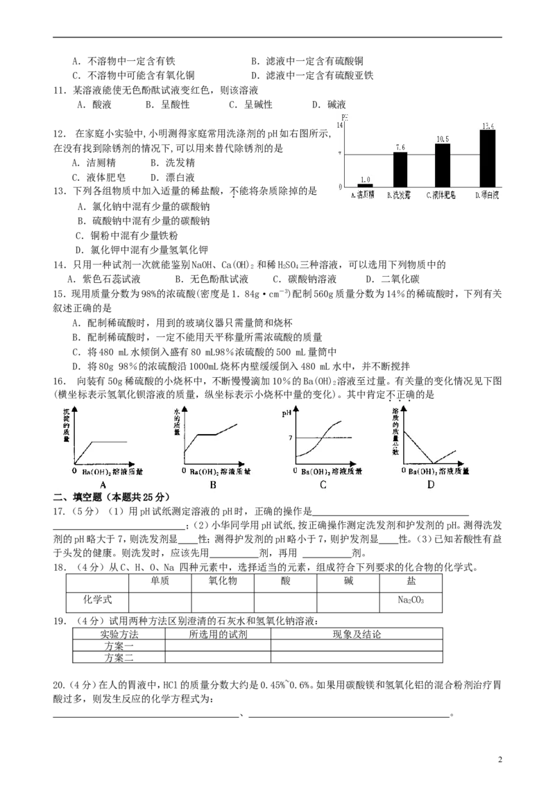 九年级化学下册第10单元酸和碱单元综合测试题新人教版_初中化学_01.人教版初中化学_01.初中化学课件PPT--教案--试题_初中化学18年试卷_人教版九年级化学下册2018