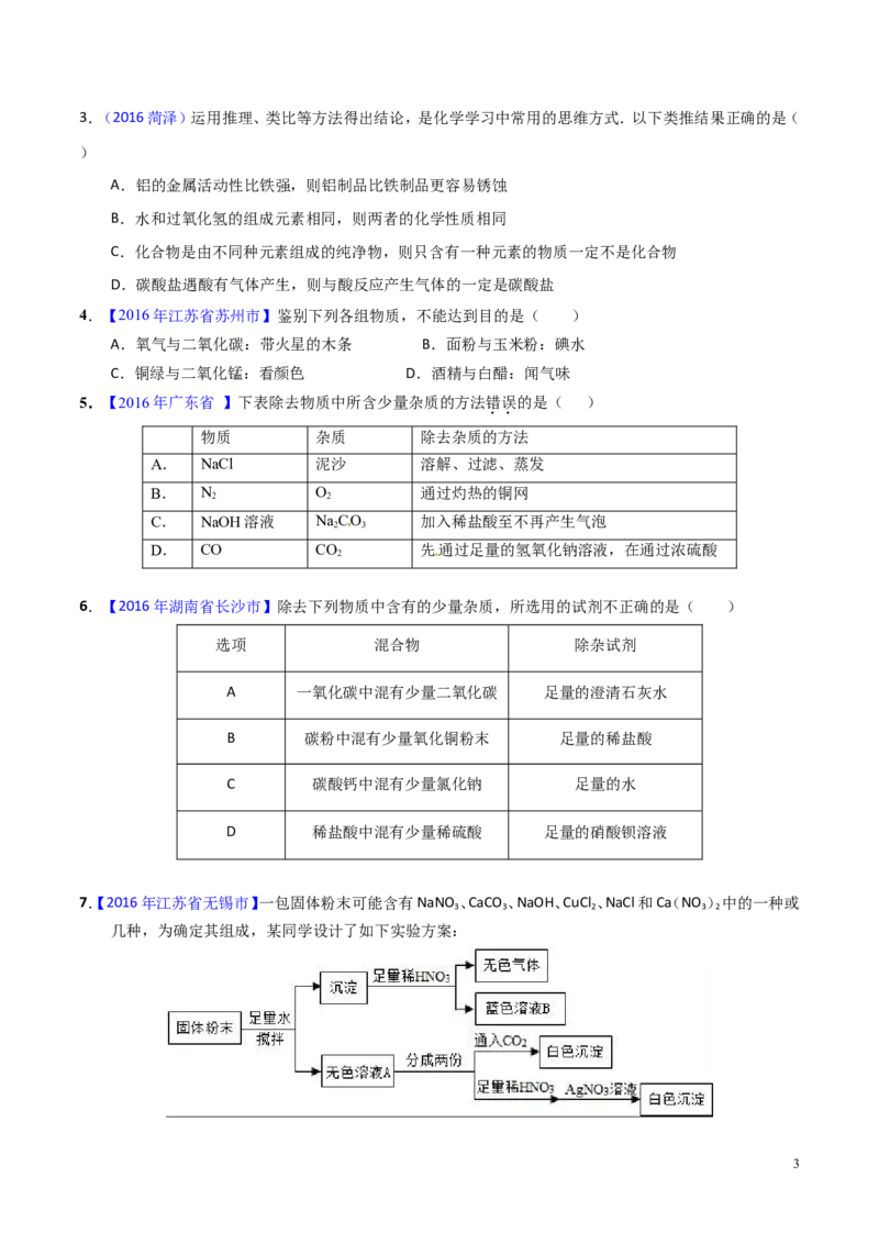 专题21物质的检验、辨别和推断（测）-备战2017年中考化学二轮复习讲练测（原卷版）_初中化学_01.人教版初中化学_07.初中化学中考总复习