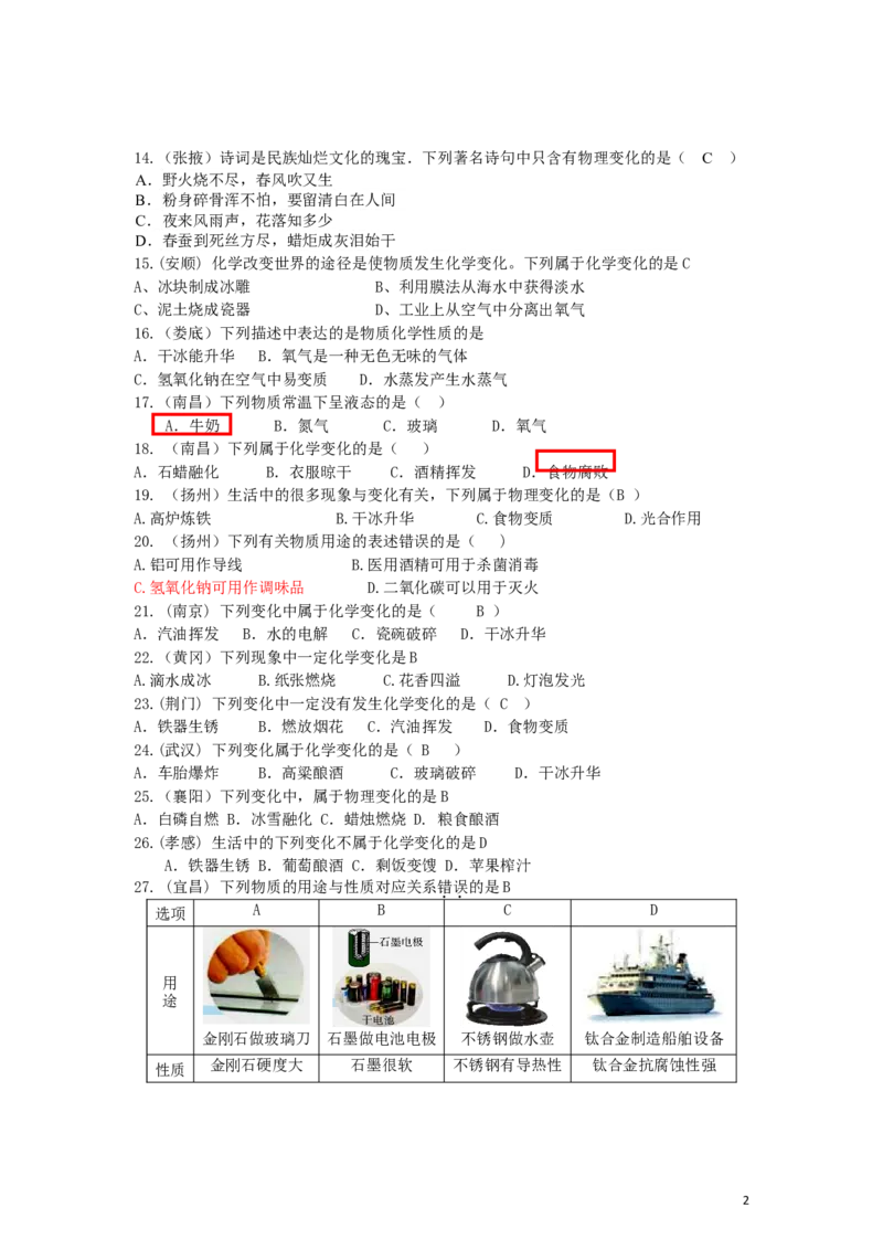 中考化学试题分类--第一章走进化学世界_初中化学_01.人教版初中化学_01.初中化学课件PPT--教案--试题_初中化学&mdash;课件&mdash;教案&mdash;试题-推荐_9年级上课件教案试题_9年级上试题_第1单元