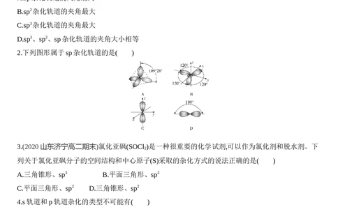 新教材2020年秋人教版（2019）高中化学选择性必修2第二章第二节第2课时　杂化轨道理论练习_高化_2025春-人教版高中化学_04新版高中化学选择性必修2_05习题试卷_同步练习